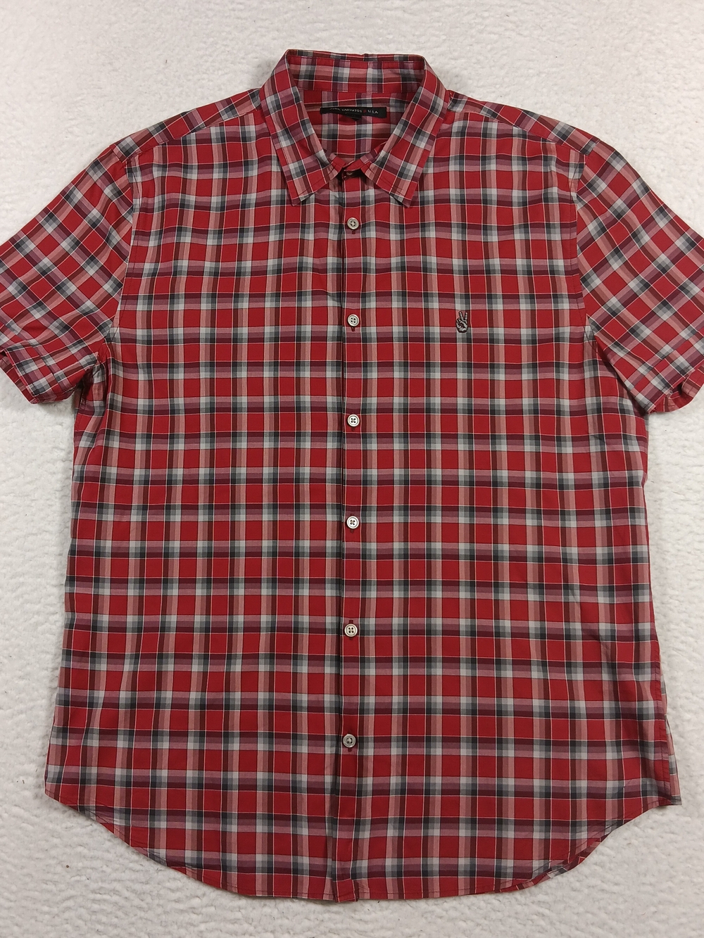 John Varvatos USA Shirt Mens Medium Red Short Sleeve Button Up Plaid Peace